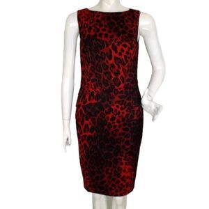 CACHE Dress, 4, Red Leopard, Sheath, Tiered Hip, Sleeveless, Knee length